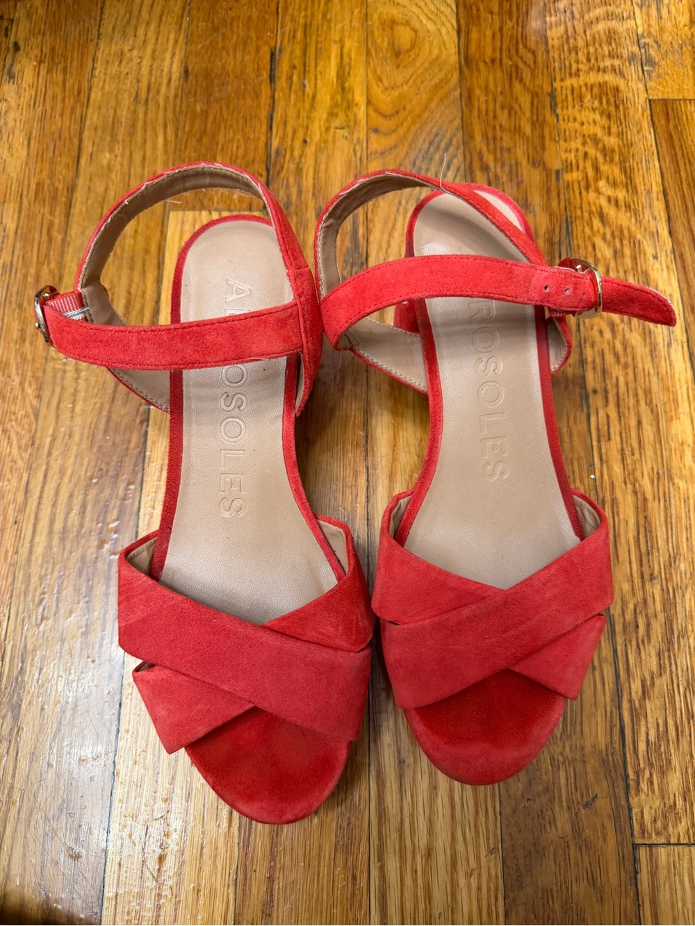 AEROSOLES Red Suede Crisscross Ankle-Strap Heels